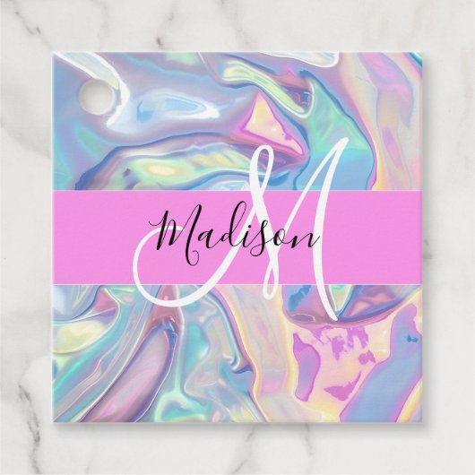 Étiquettes Cadeau Nom du monogramme d'iridescendance rose-fille (Devant)