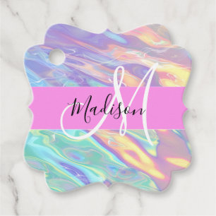 Étiquettes Cadeau Nom du monogramme d'iridescendance rose-fille