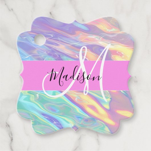 Étiquettes Cadeau Nom du monogramme d'iridescendance rose-fille (Devant)