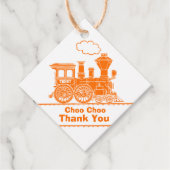 Étiquettes Cadeau Nom du train loco orange blanc anniversaire merci (Devant)