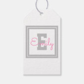 Étiquettes-cadeau Nom et monogramme encadrés | Gris clair et rose (Devant)