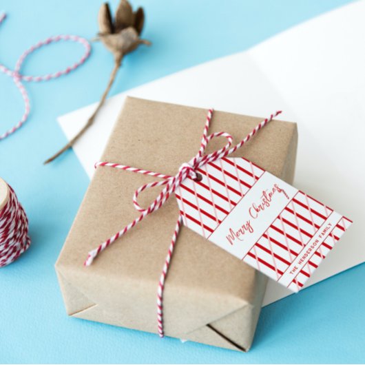 Étiquettes-cadeau Nom personnalisé | Bandes rouges et roses | Joyeux