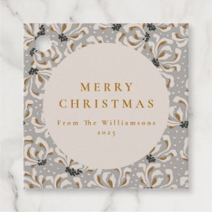 Étiquettes Cadeau Nom personnalisé Elegant Gold Grey Floral Noël