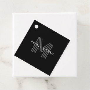 Étiquettes Cadeau Nom rétro moderne modifiable monogramme noir et gr