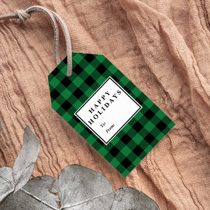 Étiquettes-cadeau Nom vert de Noël de motif de plaid de Buffalo