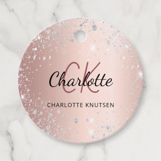 Étiquettes Cadeau Noms en script monogramme pailleté argent or rose (Devant)