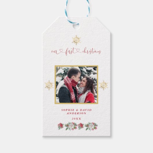 Étiquettes-cadeau Notre premier Mariage photo floral de Noël (Devant)