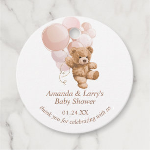 Étiquettes Cadeau Nounours avec ballons roses tendres