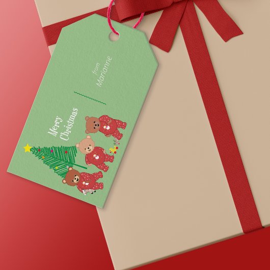 Étiquettes-cadeau Nounours modernes en pyjama de Noël avec arbre