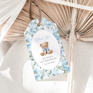 Étiquettes-cadeau Nounours, Nœud Bleu, Fleurs Bleues, Premier Annive