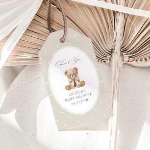 Étiquettes-cadeau Nounours, Nœud, Points beige, Baby Shower