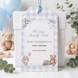 Étiquettes-cadeau Nous pouvons à peine attendre Ourson en vichy bleu