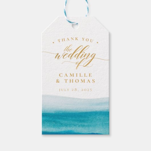 Étiquettes-cadeau Ocean Watercolor Gold Script Plage Mariage (Devant)