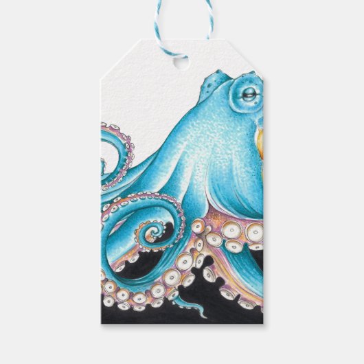 Étiquettes-cadeau Octopus Bleu Sur Encre Blanche (Devant)