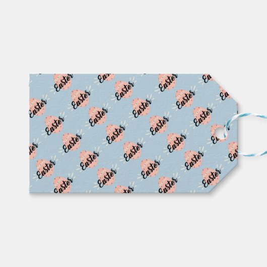 Étiquettes-cadeau Œuf de Pâques rose sur fond bleu clair (Devant (Horizontal))