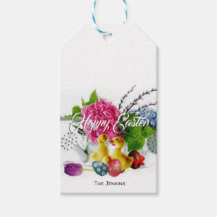 Étiquettes-cadeau Oeufs de Pâques, colliers et fleurs de printemps