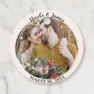 Étiquettes Cadeau Off White Minimal Mariage photo ronde tendance