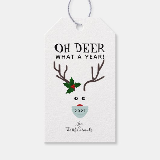 Étiquettes-cadeau Oh Deer 2021 Reindeer de Noël portant un masque fa (Devant)