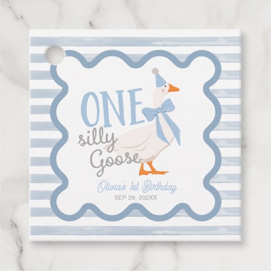 Étiquettes Cadeau One Silly Goose Blue Bow 1st Birthday (Devant)