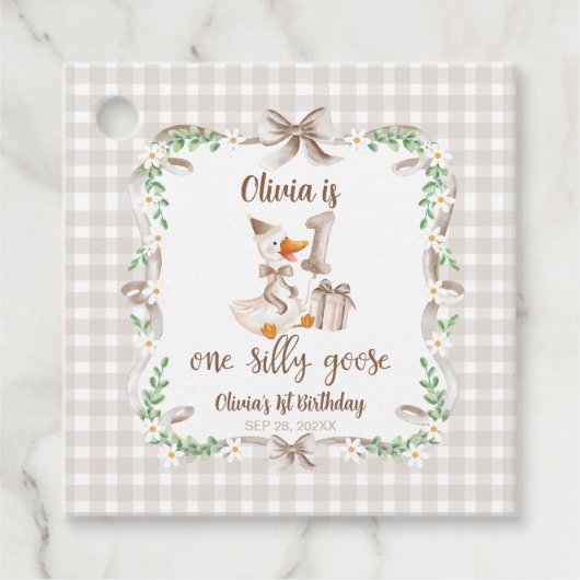 Étiquettes Cadeau One Silly Goose Brown Bow 1st Birthday (Devant)