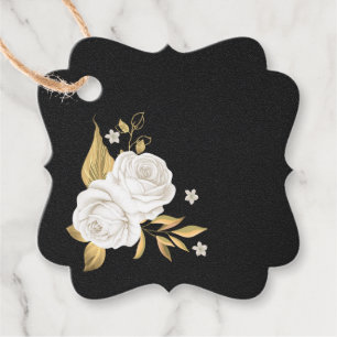 Étiquettes Cadeau or de fleur blanche feuilles noir