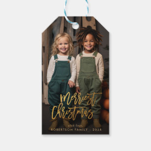 Étiquettes-cadeau or élégant script joyeux Noël photo vacances
