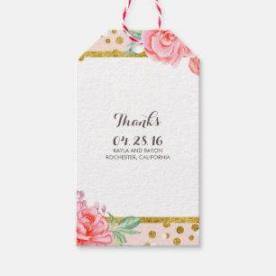 Étiquettes-cadeau or floral et rayures mariage rose aquarelle
