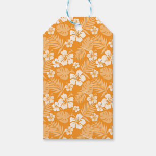 ÉTIQUETTES-CADEAU ORANGE AVEC FLEURS HIBISQUES BLANCHES TROPICALES