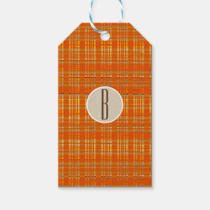 Étiquettes-cadeau Orange Carreaux & Marron Kraft Monogramme Initial