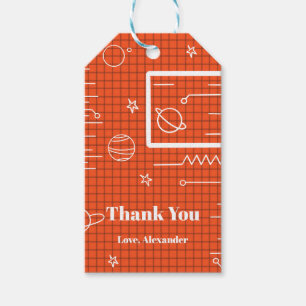 Étiquettes-cadeau Orange White Spacship Screen Space Thème Anniversa