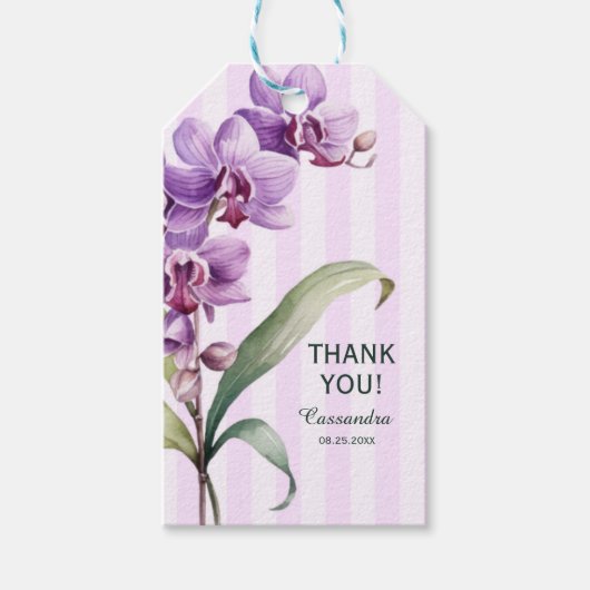 Étiquettes-cadeau Orchidée violette moderne rayures Merci floral (Devant)