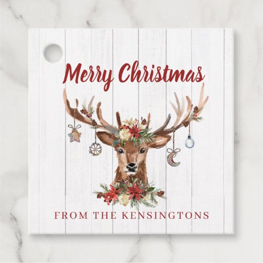 Étiquettes Cadeau Ornements de rennes de Noël rustiques | Bois (Devant)