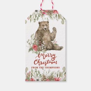 Étiquettes-cadeau Ours à braguer avec des fleurs Joyeux Noël