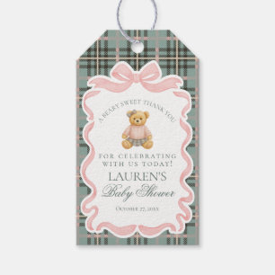 Étiquettes-cadeau Ours à nœud papillon rose Coquette Tartan Faveurs 