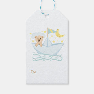 Étiquettes-cadeau Ours adorable de bébé dans le bateau de papier