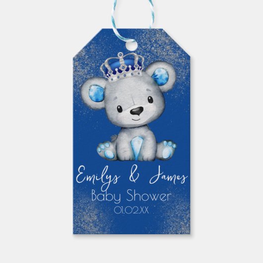 Étiquettes-cadeau Ours Baby shower Prince Sparkly Blue Boys (Devant)