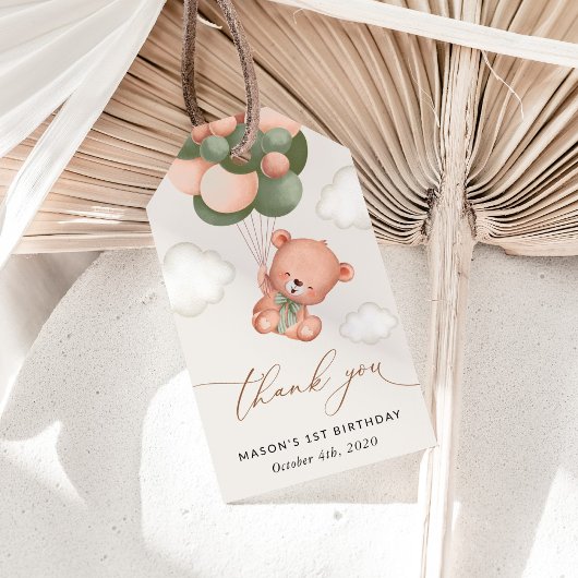 Étiquettes-cadeau Ours de bébé, Ballons verts, Premier anniversaire
