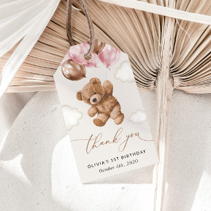 Étiquettes-cadeau Ours En Joue, Ballons Roses, Premier Anniversaire