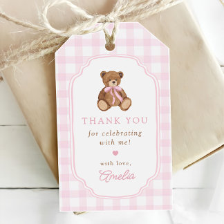 Étiquettes-cadeau Ours en peluche à carreaux roses pour un premier a