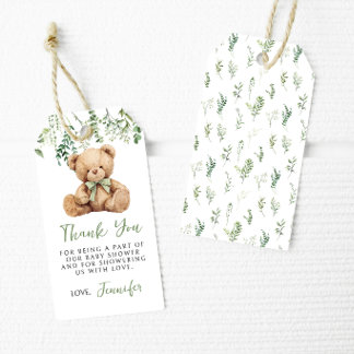 Étiquettes-cadeau Ours en peluche à noeud papillon vert sauge Remerc