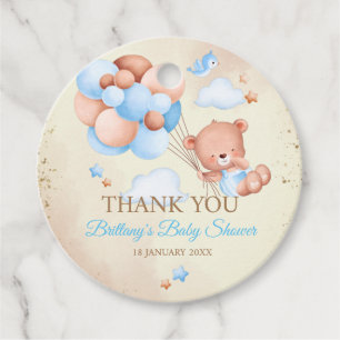 Étiquettes Cadeau Ours en peluche avec ballons et nuages brun et ble
