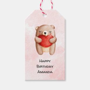 Étiquettes-cadeau Ours en peluche mignon portant un coeur rouge Anni
