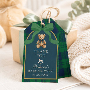 Étiquettes-cadeau Ours en peluche prépa vintage à carreaux verts