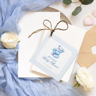 Étiquettes Cadeau Ours en tissu à carreaux bleus Baby Shower Neutre