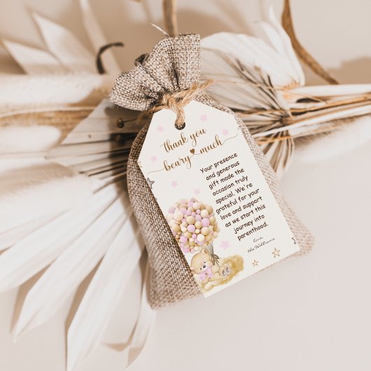 Étiquettes-cadeau Ours Merci rose rustique