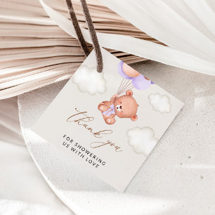 Étiquettes Cadeau Ours, Ours mignon, Ballons pourpres, Baby shower