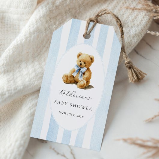 Étiquettes-cadeau Ourson Rayures Bleues Baby Shower 
