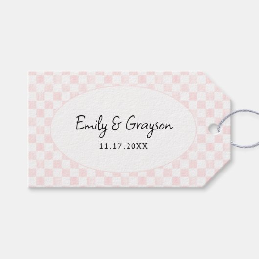Étiquettes-cadeau Painted Pink Checkerboard Pattern Wedding (Devant (Horizontal))