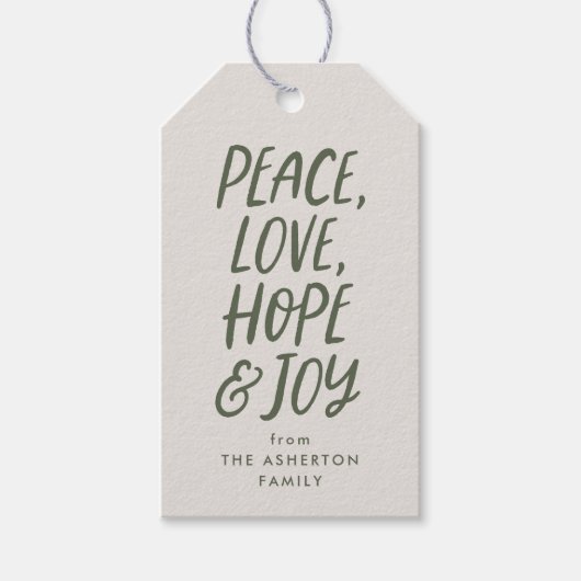Étiquettes-cadeau Paix amour espoir joie vert Noël (Devant)