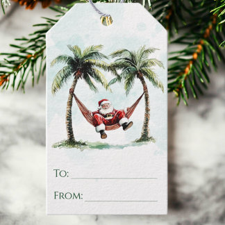 Étiquettes-cadeau Palm Tree Père Noël Hammock Tropical Beach Noël